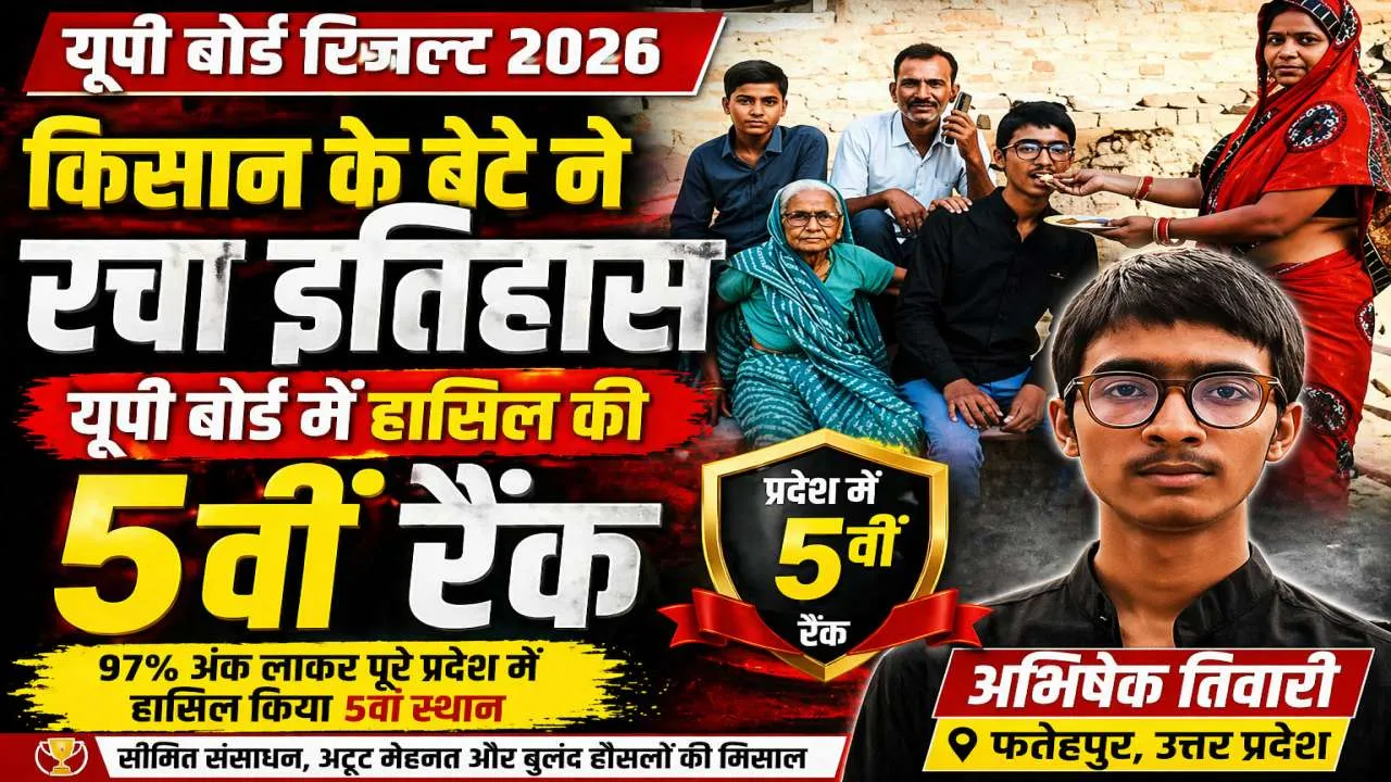 UP Board Results 2026: फतेहपुर के अभिषेक तिवारी ने रचा इतिहास ! किसान के बेटे ने 97% अंक लाकर प्रदेश में हासिल की 5वीं रैंक